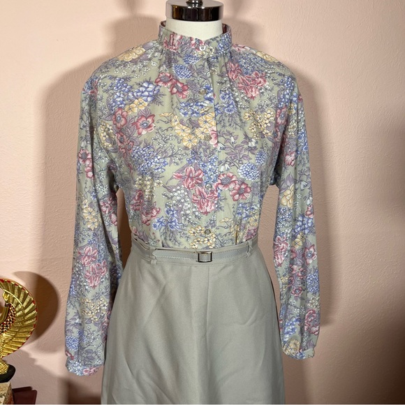 Vintage 70 80 Retro Victorian pastel floral Prairie Grey High waist Skirt set - Picture 14 of 17